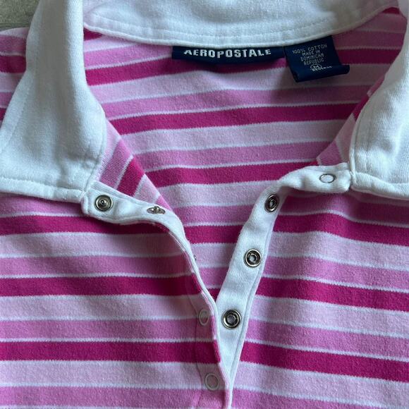2000s Y2K Aeropostale Pink Striped Long Sleeve Preppy Polo Womens Size Medium - Picture 4 of 5